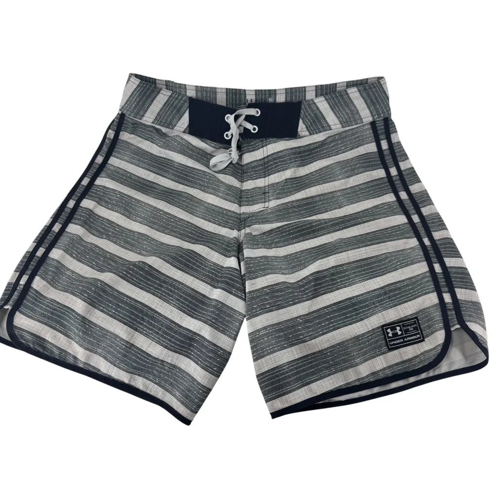 Under Armour HeatGear Mens Striped Board Shorts Grey White Swim Trunks Size 34